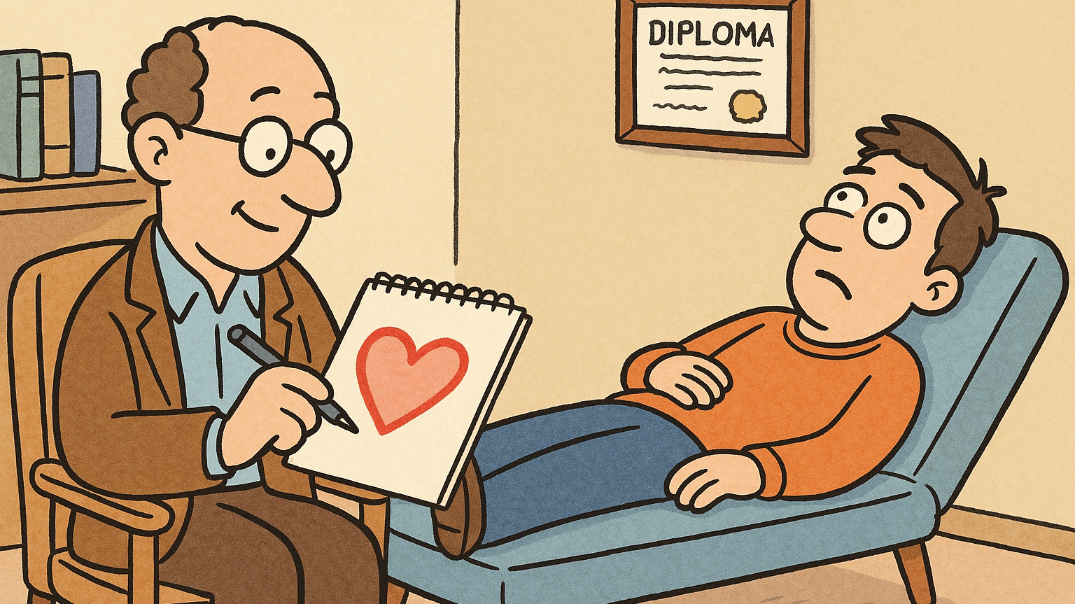 Man sits on therapist's couch while the therapist draws a heart